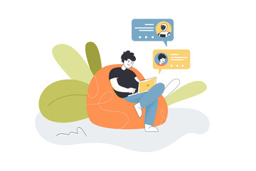 Poster - man chatting with chat bot flat vector illustration. robot helping user or customer. artificial inte