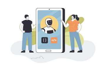 Poster - Robot on huge phone screen flat vector illustration. Tiny man and woman talking with chat bot. AI, artificial intelligence, help, support concept for banner, website design or landing web page