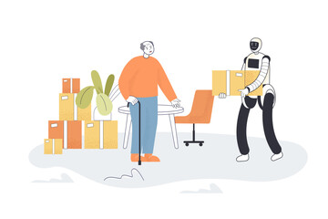Poster - Robot helping old man flat vector illustration. Cyborg moving cardboard boxes. Assistance, help, support, machine, artificial intelligence concept for banner, website design or landing web page