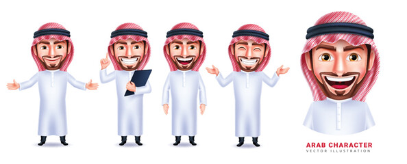 Poster - Arab character vector set design. Saudi arabian man characters with smiling face and standing poses isolated in white background. Vector Illustration.
