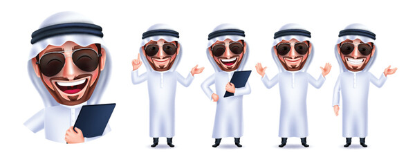 Poster - Arab man characters vector set design. Saudi man cool handsome character with sunglasses collection isolated in white background. Vector Illustration.

