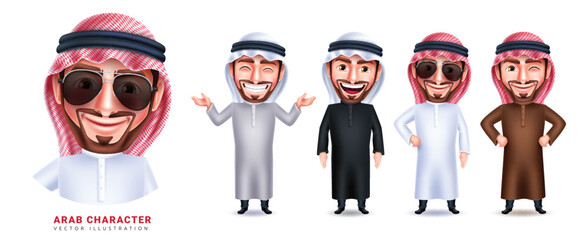 Poster - Arab man vector character set design. Arabian male collection in friendly expression and standing pose for business characters. Vector illustration.
