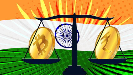 Canvas Print - Gold coin of Bitcoin BTC and indian currency Rupee INR on scales with colored flag of India on background. Central Bank of India adopts laws on digital assets CBDC. Vector.