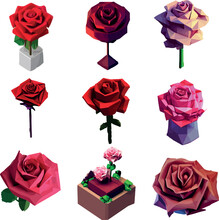 Abstract Polygonal Rose Set. Low Poly Illustration