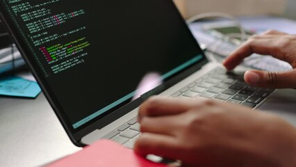 Poster - Cyber security, programmer and software hacker on laptop typing code, web design and digital transformation algorithm. Information technology, data science and developer coding ai online on keyboard