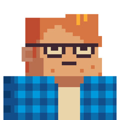 Poster - Red-haired man with glasses pixel art style character. Avatar, portrait and profile picture. Design of 80s. Game assets. 8-bit. Isolated vector illustration.