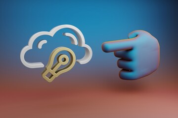 Leinwandbilder - Beautiful illustrations abstract Hand index finger points to Cloud Idea Bulb symbol icon on a multicolor bright background. 3d rendering illustration. Background pattern for design.