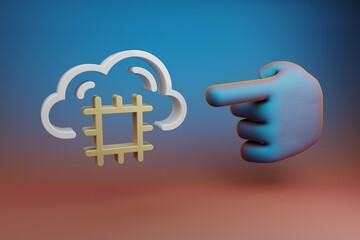 Fototapete - Beautiful illustrations abstract Hand index finger points to Cloud Server CPU symbol icon on a multicolor bright background. 3d rendering illustration. Background pattern for design.