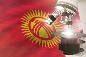 Wall Mural - Kyrgyzstan science development concept - microscope on flag background. Research in pharmaceutical industry or biology 3D illustration of object