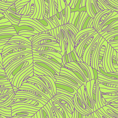 contoured outline monstera silhouettes seamless pattern. palm leaves endless background. botanical w
