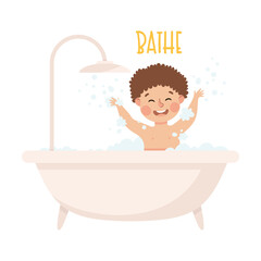 Sticker - Little Boy Bathing in Bathtub with Foam Demonstrating Vocabulary and Verb Studying Vector Illustration