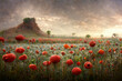 Beautiful field of red poppies in the sunset light.Digital art.