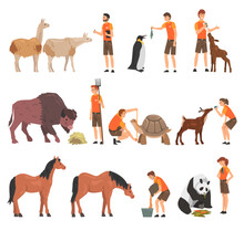 Man And Woman Zookeeper Engaged In Feeding And Daily Care Of Animal Big Vector Set