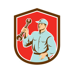 Wall Mural - Mechanic Holding Spanner Wrench Shield Retro