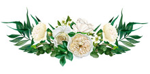 White Flowers Symmetric Bouquet, Roses And Leaves