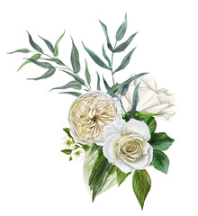 Wall Mural - White flowers bouquet, roses and leaves, hand drawn