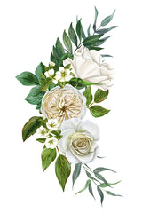 Wall Mural - White flowers bouquet, roses and leaves, hand drawn