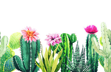 Wall Mural - Seamless border composed of watercolor cactus plants