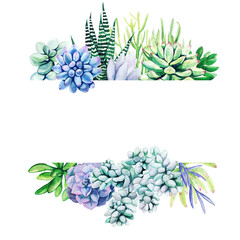 Wall Mural - Horizontal banner with watercolor cactus and succulent plants