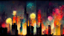 Beautiful Night Fireworks Cityscape. 3d Illustration