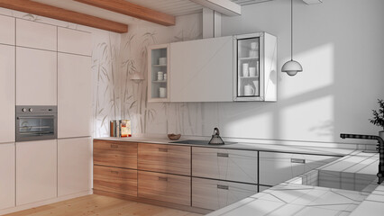 Wall Mural - Architect interior designer concept: hand-drawn draft unfinished project that becomes real, minimalist wooden kitchen with appliances. Japandi style