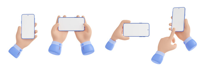 Poster - Hands with smartphone 3D illustration set. Business character using gadget mockup for conference call, watching video, browsing internet and social media, sending messages. Empty screen template