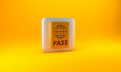 Poster - Gold Passport with biometric data icon isolated on yellow background. Identification Document. Silver square button. 3D render illustration