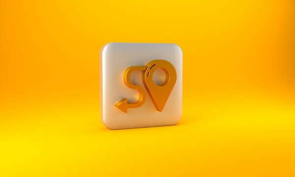 Gold Route location icon isolated on yellow background. Map pointer sign. Concept of path or road. GPS navigator. Silver square button. 3D render illustration