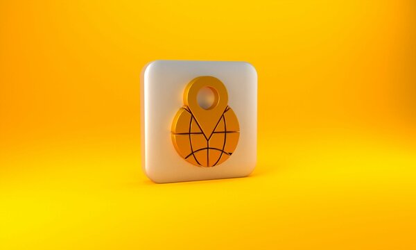 Gold Location on the globe icon isolated on yellow background. World or Earth sign. Silver square button. 3D render illustration