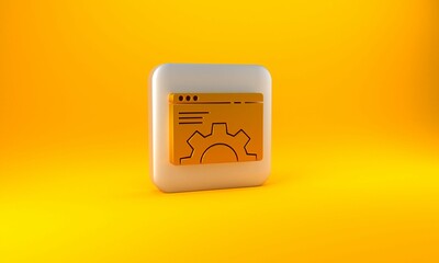 Poster - Gold Browser setting icon isolated on yellow background. Adjusting, service, maintenance, repair, fixing. Silver square button. 3D render illustration