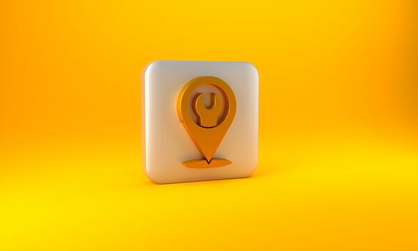 Gold Location with wrench spanner icon isolated on yellow background. Adjusting, service, setting, maintenance, repair, fixing. Silver square button. 3D render illustration