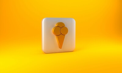 Gold Ice cream in waffle cone icon isolated on yellow background. Sweet symbol. Silver square button. 3D render illustration