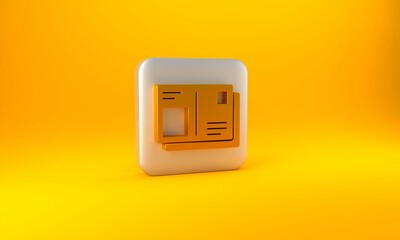 Poster - Gold Passport with visa stamp icon isolated on yellow background. Identification Document. Silver square button. 3D render illustration