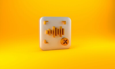 Poster - Gold Rejection voice recognition icon isolated on yellow background. Voice biometric access authentication for personal identity recognition. Silver square button. 3D render illustration