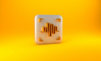 Poster - Gold Voice recognition icon isolated on yellow background. Voice biometric access authentication for personal identity recognition. Cyber security. Silver square button. 3D render illustration