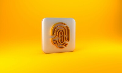 Aufkleber - Gold Fingerprint icon isolated on yellow background. ID app icon. Identification sign. Touch id. Silver square button. 3D render illustration