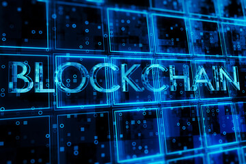 Aufkleber - Creative dark blue cubes backdrop with blockchain text hologram. Technology, bigdata and information concept. 3D Rendering.