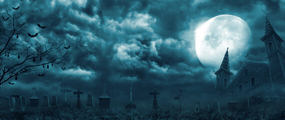 graveyard cemetery to castle in spooky scary dark night full moon and bats on dead tree. holiday eve