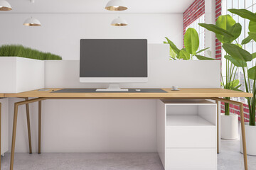 Poster - brick and wooden coworking office interior with empty computer monitor, partitions, furniture, decorative plant in flowerpot and window with city view and daylight. Mock up, 3D Rendering.