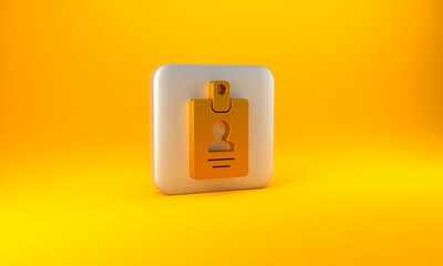 Poster - Gold Identification badge icon isolated on yellow background. It can be used for presentation, identity of the company, advertising. Silver square button. 3D render illustration