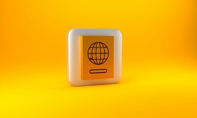 Poster - Gold Passport with biometric data icon isolated on yellow background. Identification Document. Silver square button. 3D render illustration