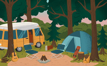 Camping Site With Tent, Bonfire And Camper Van. Summer Camp Vacation Vector Illustration. Forest Landscape With Camping Equipment. Adventure, Nature, Campfire