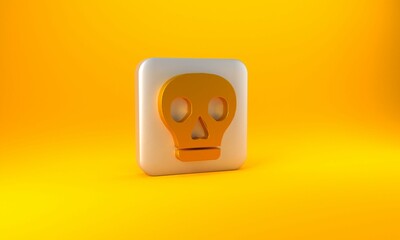 Wall Mural - Gold Skull icon isolated on yellow background. Silver square button. 3D render illustration