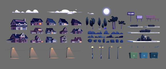 Wall Mural - Elements of suburban street night landscape with houses, trees, garbage bins, lanterns, full moon and clouds. Village or suburb neighborhood buildings, flowerbeds, bushes, bench, vector cartoon set