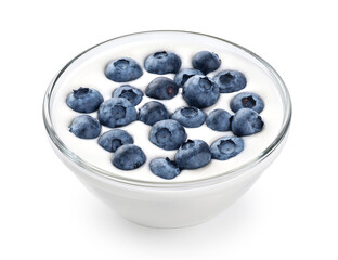 Canvas Print - Glass bowl with yogurt and blueberries isolated on white background. With clipping path.