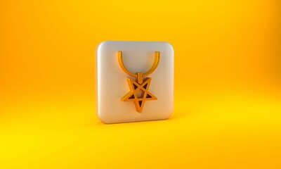 Gold Pentagram on necklace icon isolated on yellow background. Magic occult star symbol. Silver square button. 3D render illustration