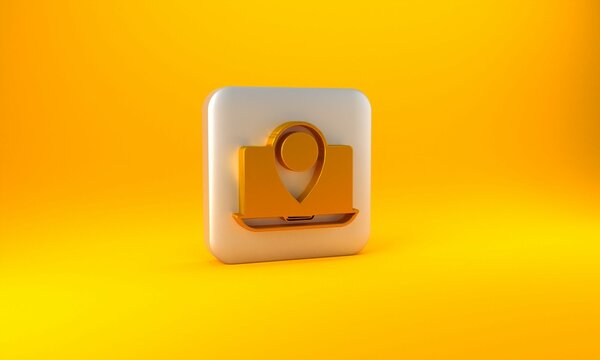 Gold Laptop with location marker icon isolated on yellow background. Silver square button. 3D render illustration