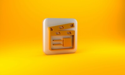 Gold Movie clapper icon isolated on yellow background. Film clapper board. Clapperboard sign. Cinema production or media industry. Silver square button. 3D render illustration