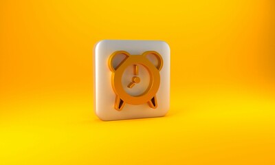 Poster - Gold Alarm clock icon isolated on yellow background. Wake up, get up concept. Time sign. Silver square button. 3D render illustration