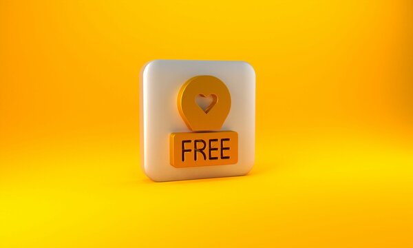 Gold Map pointer with heart icon isolated on yellow background. Valentines day. Love location. Romantic map pin. Silver square button. 3D render illustration